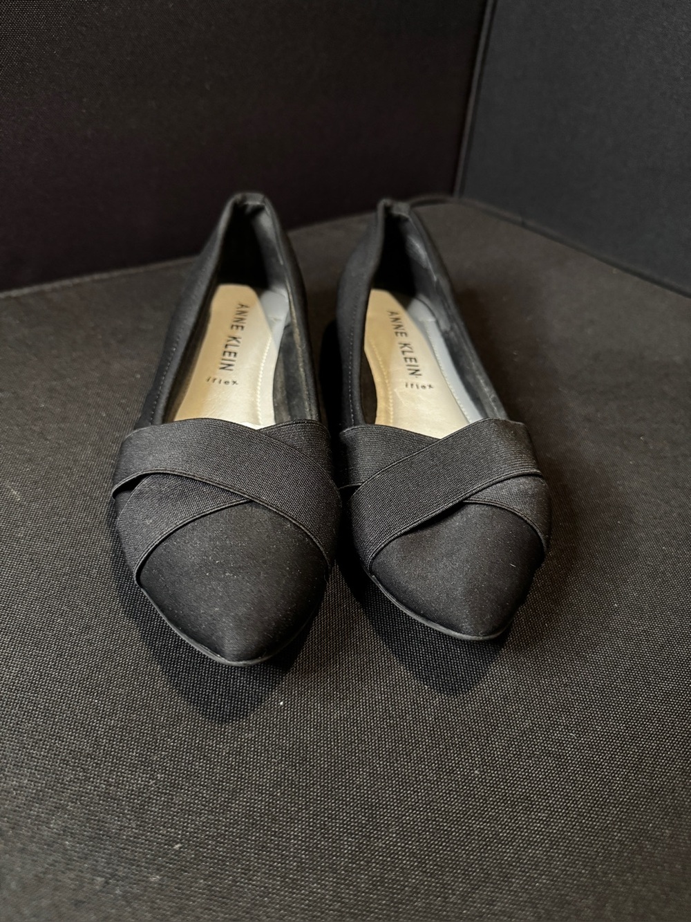 Anne Klein Black Pointed-Toe Crossband Flats